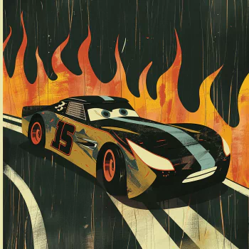 Avatar showing a stylized racecar from Pixar's Cars movie, depicted with number 15, racing on a track with dramatic flames in the background.
