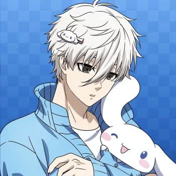 Anime character Seishiro Nagi from Blue Lock, depicted with white hair and a blue hoodie, smiling slightly with a plushie draped around his neck.