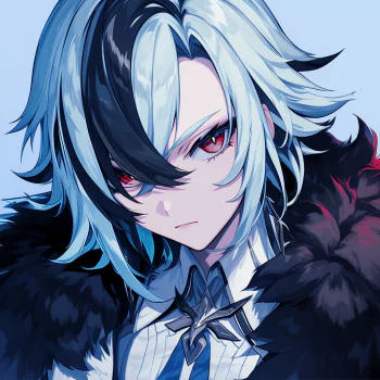 Avatar of Arlecchino from the video game Genshin Impact, featuring a character with striking blue hair and piercing red eyes.