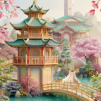 Avatar featuring a serene Japanese dojo with ornate towers, surrounded by blooming cherry trees and a tranquil pond with a bridge.