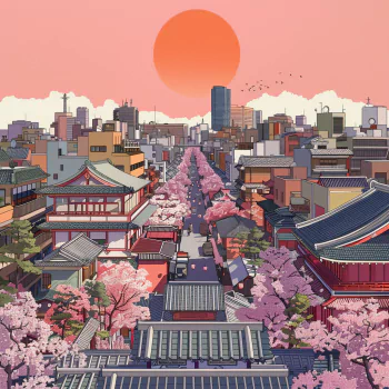 A vibrant artistic depiction of a Japanese cityscape at sunset, featuring cherry blossoms adorning the streets and a blend of traditional and modern architecture.