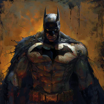 Profile photo of Batman in a dramatic comic style, standing with an intense gaze, against a fiery orange background.