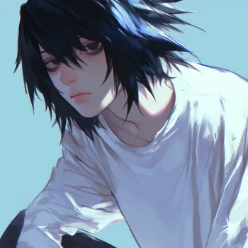 Anime profile photo of L from Death Note, featuring a close-up of him with tousled black hair and a thoughtful expression against a soft blue background.