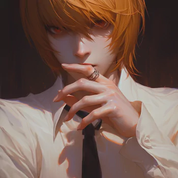 Anime-style avatar of Light Yagami from Death Note, depicted with golden hair and a thoughtful expression, finger pressed to his lips.