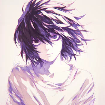 Anime-style avatar depicting L from Death Note with messy black hair and intense gaze, rendered in soft purple tones. Suitable as a forum profile photo.