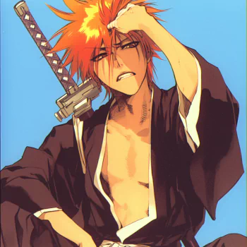 Anime character Ichigo Kurosaki from Bleach, sporting his iconic orange hair and black shihakusho, shown adjusting his headband, used as a forum avatar/profile photo.