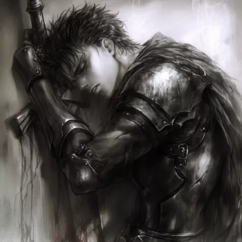 Profile photo of Guts from Berserk in a sad, somber mood, carrying his large sword, in grayscale with intricate shading detail. The image is an anime forum avatar.