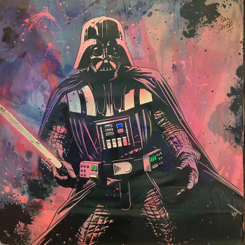 Digital artwork of Darth Vader from Star Wars, used as a forum avatar/profile photo. The background features a colorful, abstract design with splashes of pink and blue.