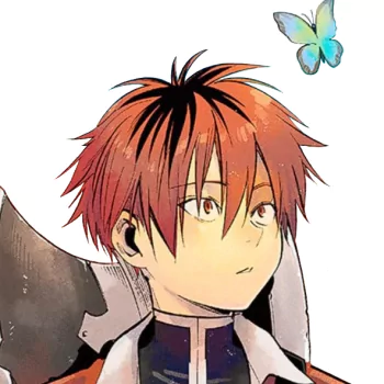 Anime profile photo featuring Stark from Frieren: Beyond Journey's End. Stark is depicted with red hair and gazing at a blue butterfly.