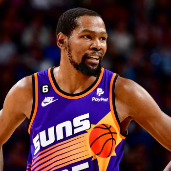 Profile photo of NBA player Kevin Durant wearing a Phoenix Suns jersey.