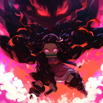 Anime-style avatar featuring Nezuko Kamado from Demon Slayer: Kimetsu no Yaiba. Nezuko is shown with glowing red eyes, surrounded by dark and fiery elements.