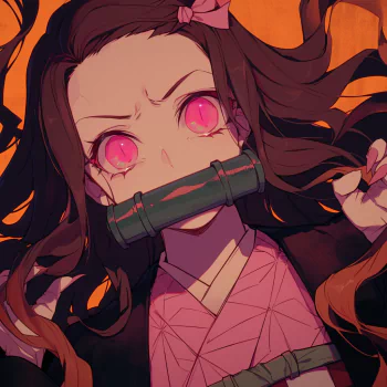 A forum avatar featuring Nezuko Kamado from Demon Slayer: Kimetsu no Yaiba, showcasing her distinctive pink eyes and bamboo muzzle against an intense background.