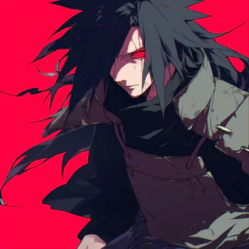 Anime profile photo featuring Madara Uchiha from Naruto, showcasing his distinctive long black hair and intense red eyes against a bold red background, embodying the Uchiha Clan.