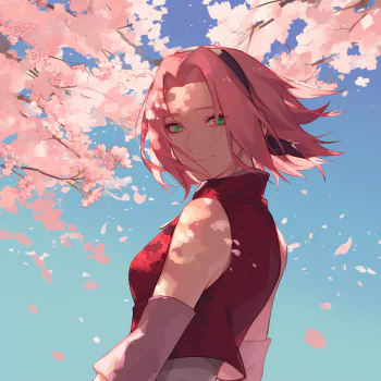 Sakura Haruno from Naruto smiling under cherry blossoms. This anime-themed forum avatar features Sakura amidst the pink petals, set against a clear blue sky.