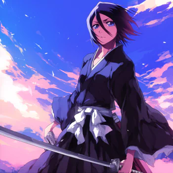 Anime-style avatar featuring Rukia Kuchiki from Bleach, depicted in her black kimono with a white sash, holding a sword under a colorful, vibrant sky.