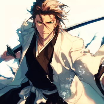 Anime profile photo featuring Sōsuke Aizen from Bleach, depicted with a sword and intense expression.