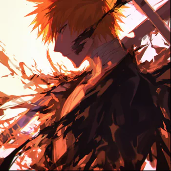 Stylized anime profile photo of Ichigo Kurosaki from Bleach, with vibrant colors and dynamic black and orange effects.