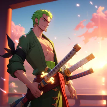 Forum avatar featuring Roronoa Zoro from One Piece, holding three katanas against a sunset backdrop, exuding strength and determination.