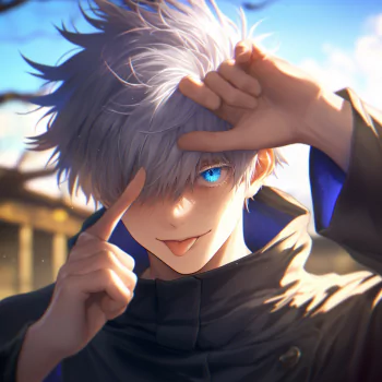 Anime profile photo featuring Satoru Gojo from Jujutsu Kaisen, showcasing his silver hair, blue eyes, and a playful expression.