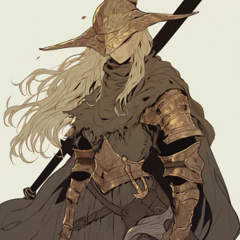 Avatar of a character in armor from the video game Elden Ring, an RPG. The character has long hair, a large sword on the back, and a distinctive helmet.