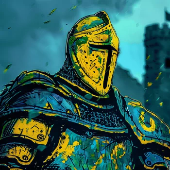 Profile photo of a knight in armor from the video game Elden Ring, set against a background with a castle and dark clouds.