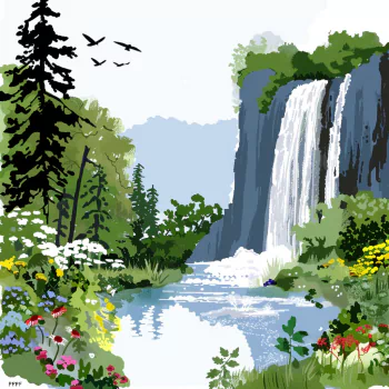 Artistic fall nature scene with a waterfall, lush greenery, colorful flowers, and birds flying overhead, used as a profile photo or forum avatar.