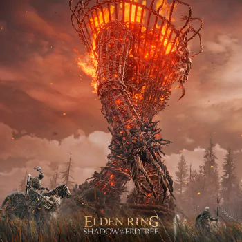 An intense scene from Elden Ring: Shadow of the Erdtree with a massive fiery tree dominating the background and a character on horseback in the foreground.