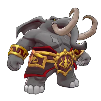 A powerful, anthropomorphic elephant warrior from the video game Rivals 2, adorned in intricate armor, stands ready for battle.