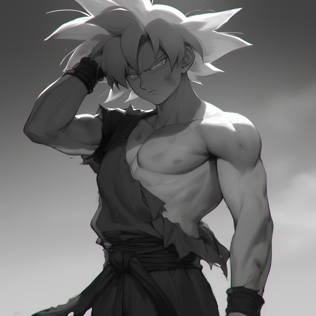 Black and white anime profile photo of Goku from Dragon Ball, with spiky hair and a torn outfit, standing in a confident pose.