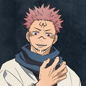 Anime-style avatar featuring Sukuna from Jujutsu Kaisen, showcasing his distinctive pink hair, markings, and confident expression against a dark background.