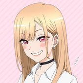 Forum avatar/profile picture of Marin Kitagawa from the anime My Dress-Up Darling — smiling blonde with pink eyes, wearing a choker and white shirt against a pink striped background.
