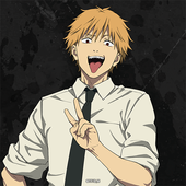 Anime-style avatar of Denji from Chainsaw Man, smiling widely and making a peace sign, set against a dark background.
