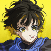 Anime-style avatar of Bachira Meguru from Blue Lock with expressive eyes and tousled black hair, set against a bright yellow background.