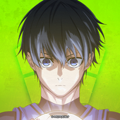 Anime-style profile image of Isagi Yoichi from Blue Lock, featuring his serious expression against a vibrant green background.