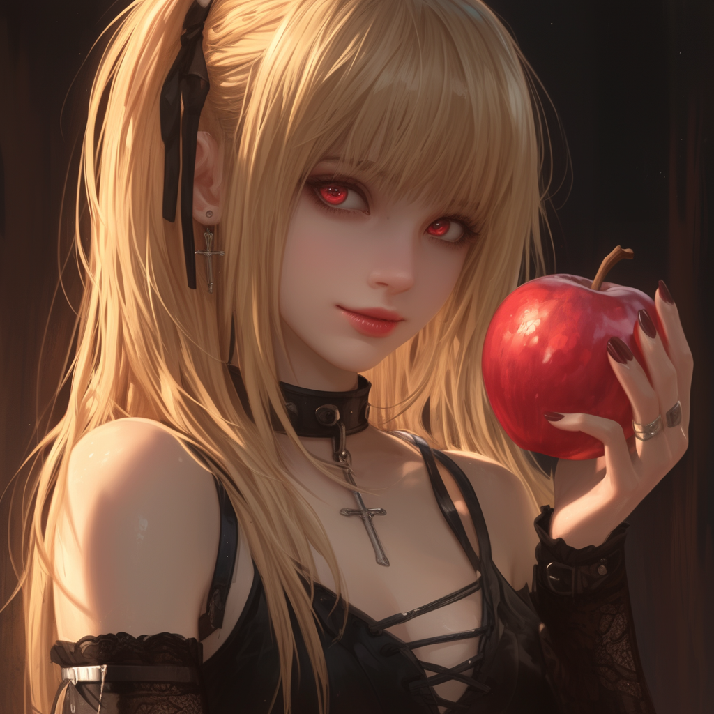 Anime-style avatar featuring Misa Amane from Death Note holding an apple, with a dark gothic aesthetic.