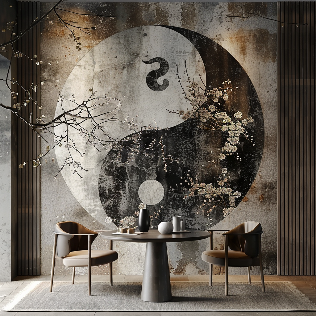 Profile photo of a room with a large Yin & Yang mural on the wall, featuring a round table and two chairs in the foreground, conveying a sense of balance and harmony.