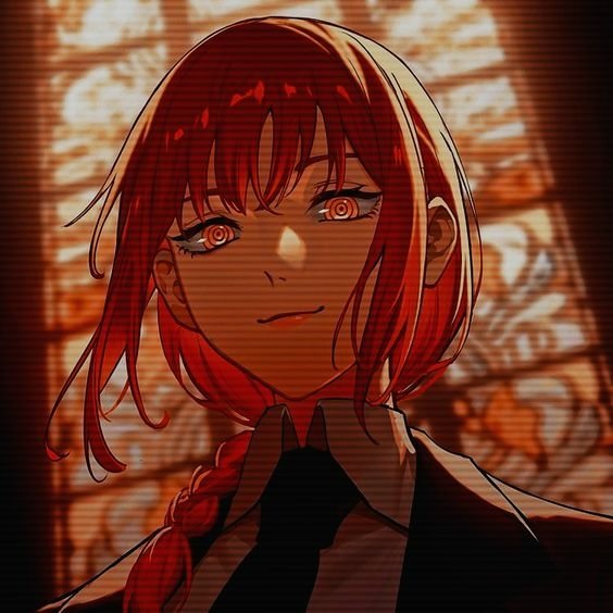 Forum avatar of Makima from Chainsaw Man, featuring her red hair and distinctive orange eyes against a warm, glowing background.