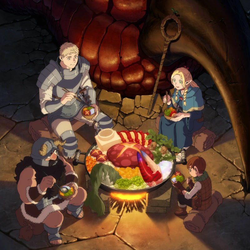 A vibrant anime-style image from Delicious in Dungeon, featuring characters enjoying a feast around a glowing fire, highlighting themes of camaraderie and culinary adventure.