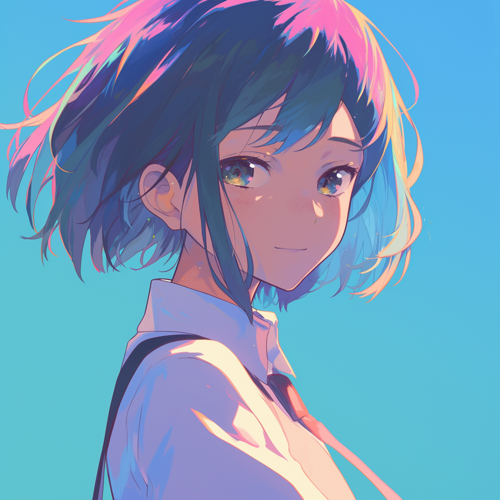 A vibrant avatar featuring Mitsuha Miyamizu from the anime Your Name., showcasing her expressive features and dynamic hairstyle against a bright blue background.