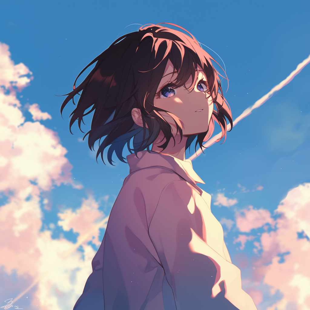 A vibrant anime-style avatar of Mitsuha Miyamizu from Your Name. features her gazing upward against a backdrop of clouds and a blue sky.
