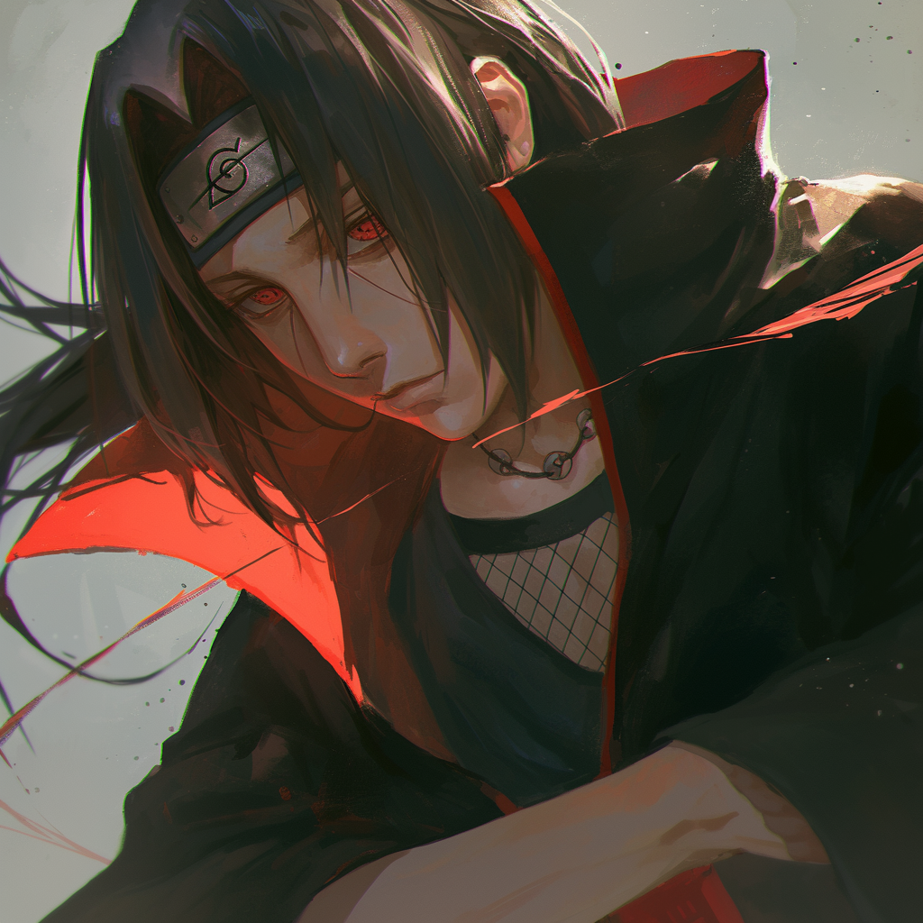 Avatar featuring Itachi Uchiha from Naruto, showcasing his Sharingan. This design emphasizes his mysterious and powerful presence in the anime series.