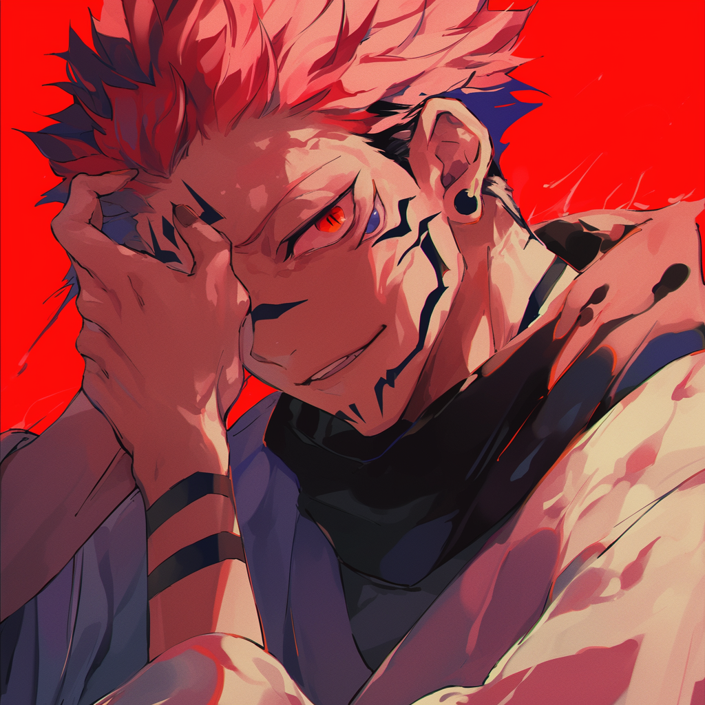 An anime-style forum avatar featuring Sukuna from Jujutsu Kaisen, characterized by his striking pink hair, intense gaze, and distinct tattoos against a vibrant red background.