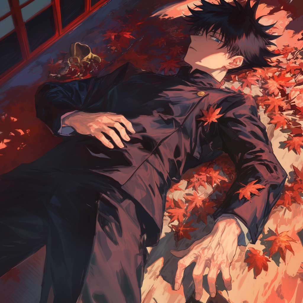 Anime-inspired forum avatar featuring Megumi Fushiguro from Jujutsu Kaisen, depicted lying amidst autumn leaves with a serene expression.