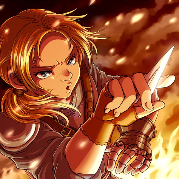 A vibrant anime profile picture featuring Judeau from Berserk, displaying intense focus while wielding a knife against a fiery background.