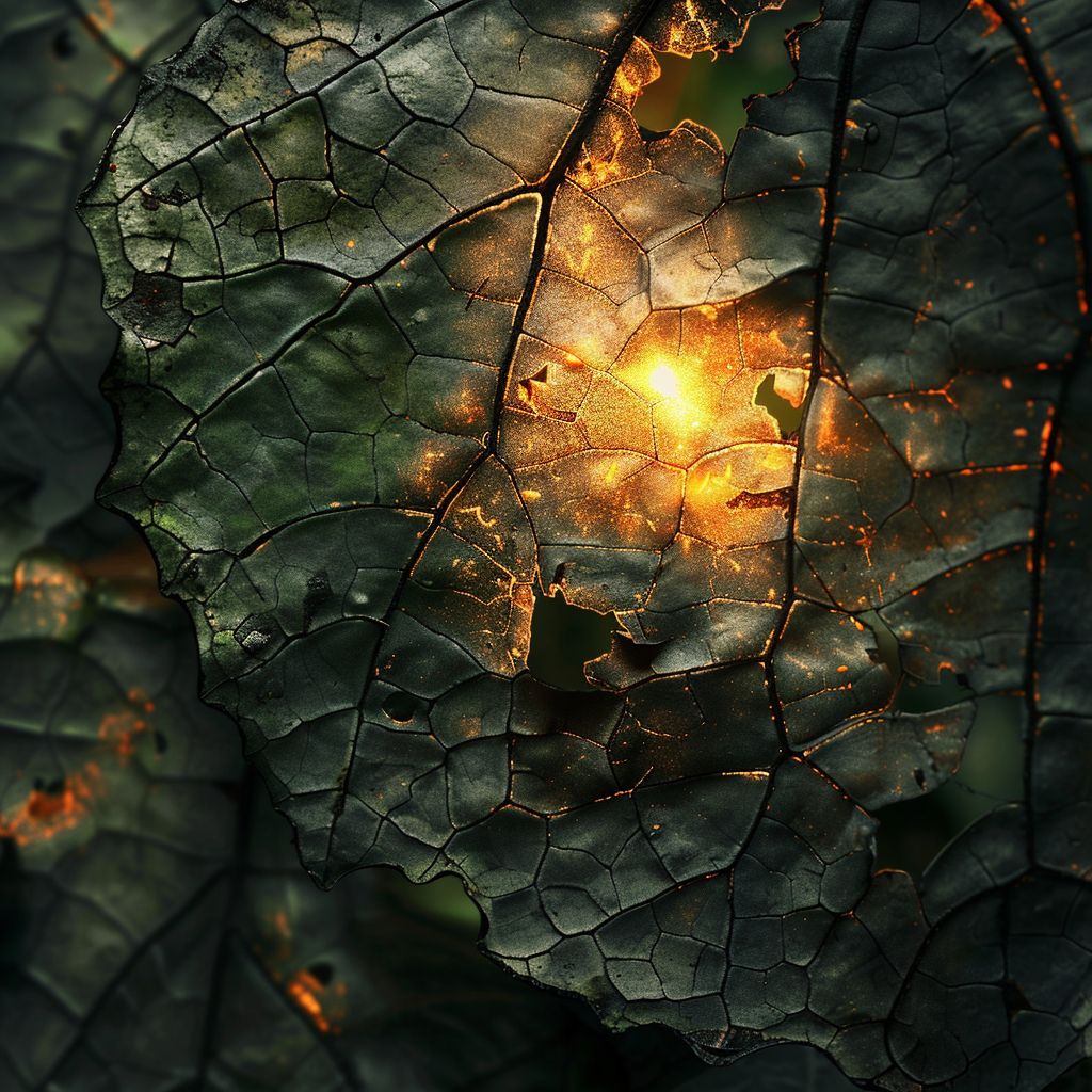 A close-up of intricate green leaves illuminated by a warm glow. This natural image serves as a unique profile photo, showcasing the beauty of nature through detailed leaf textures.