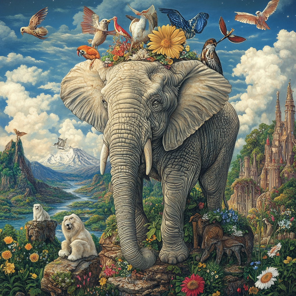 A vibrant elephant stands in a scenic landscape, adorned with flowers and surrounded by various birds and animals, showcasing the beauty of nature and wildlife.