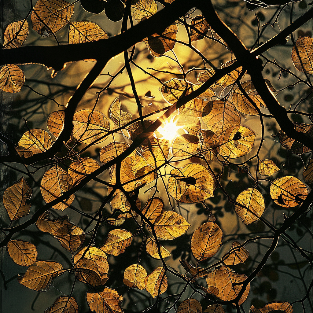 A serene sunset filters through trees and leaves, creating a tranquil ambiance, capturing the beauty of nature. This image serves as a calming profile picture.