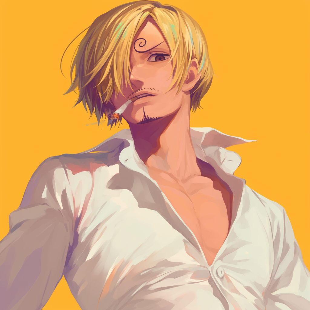 A vibrant anime profile picture featuring Sanji from One Piece, showcasing his iconic blonde hair, confident expression, and casual white shirt against a bright yellow background.