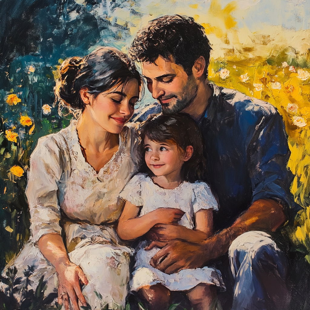 A joyful family portrait featuring a mother, father, and their young daughter, set against a vibrant background of flowers, capturing warmth and happiness.