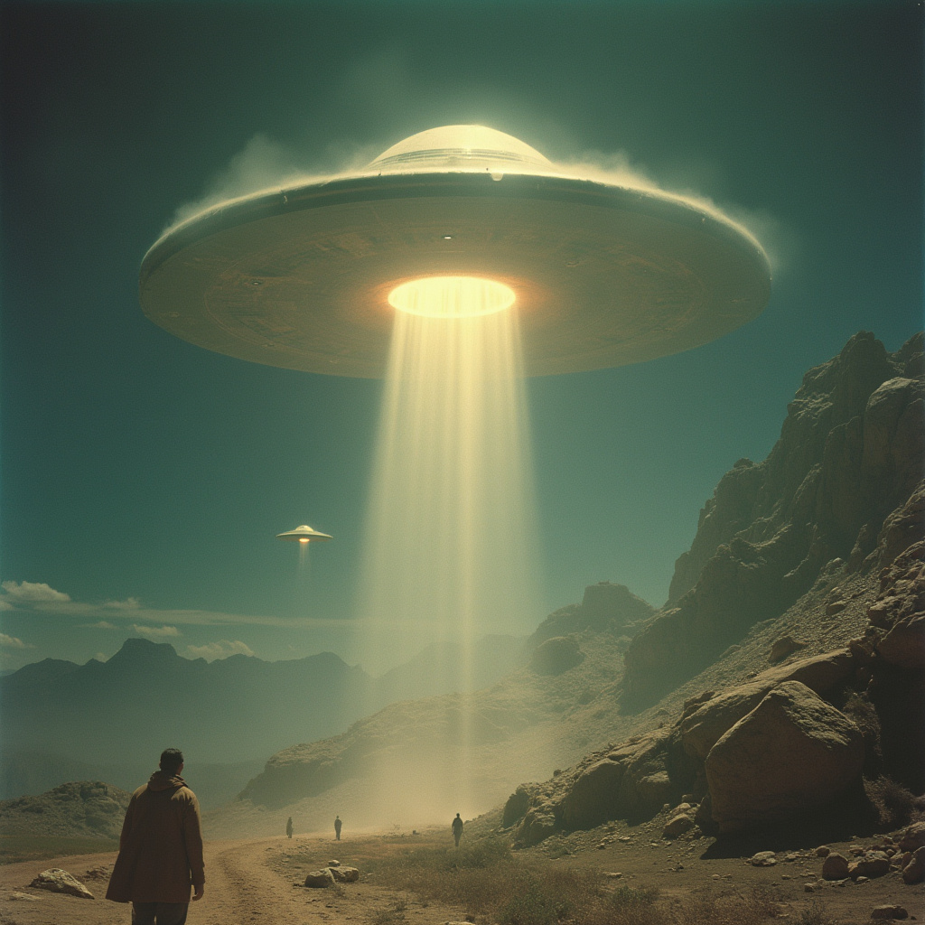 A mysterious UFO descends from the night sky, casting a beam of light onto a desolate landscape, with silhouetted figures in the distance, reflecting a UFO invasion theme.